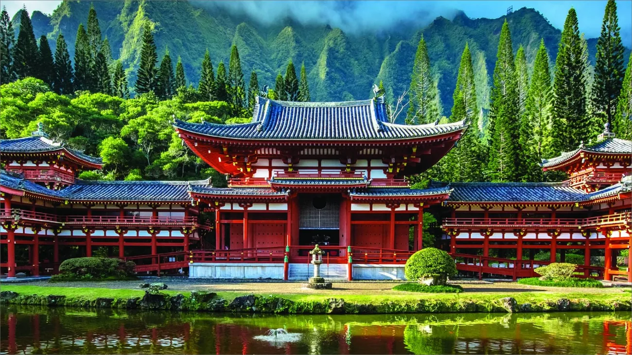 Buddhist temple and garden image supporting Amitabha Buddhist Society of Hawaii community content