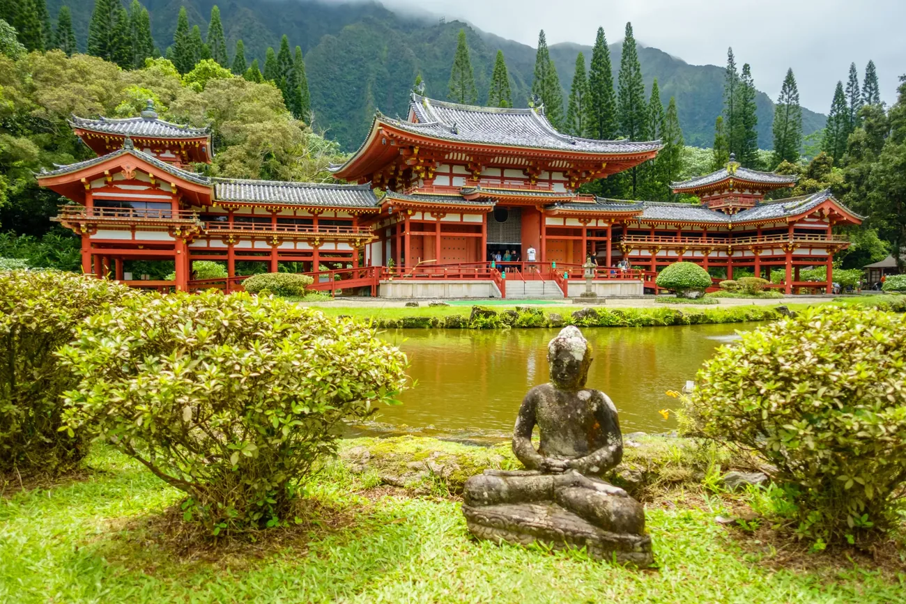 Buddhist temple and garden image supporting Amitabha Buddhist Society of Hawaii community content